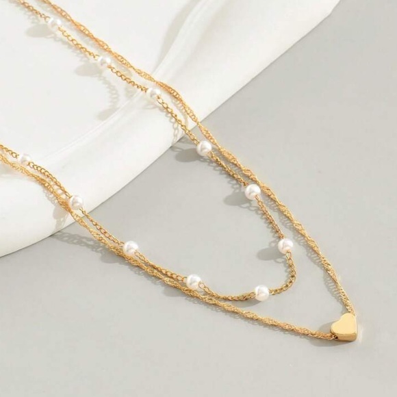 2/$10 NEW! Simple Pearl Heart Double Layer Necklace Pendant Layered Bohemian - Picture 3 of 4